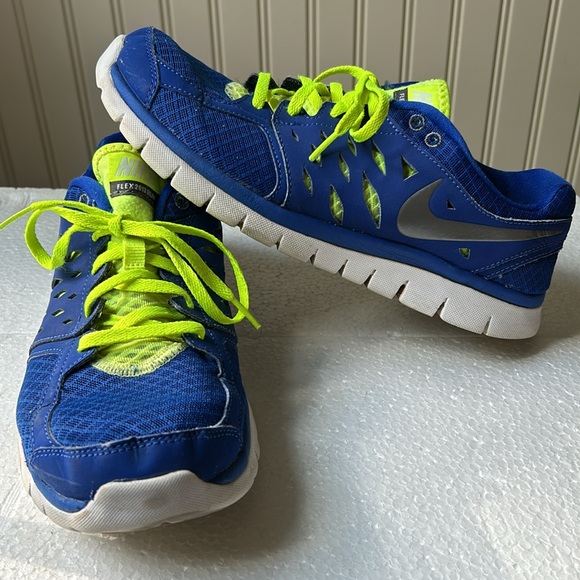 Nike Flex 2013 Run jog Mens lace up sneakers fitsole cushion size 9 blue/lime - Picture 5 of 14